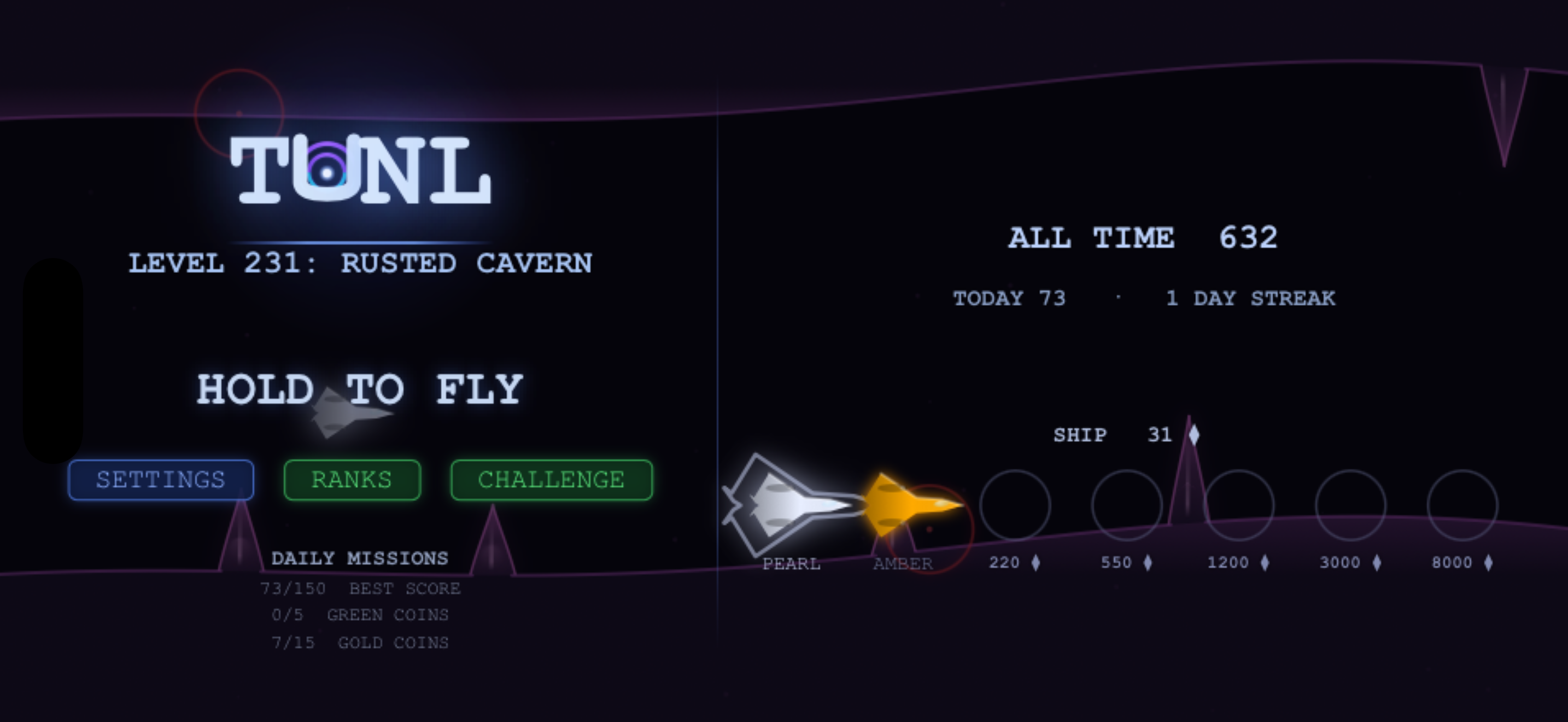TUNL home screen with ship roster, shard wallet, and daily missions